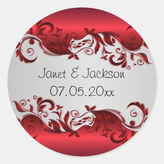 Elegant Red & Silver Florid Wedding Design Ronde Sticker (Voorkant)