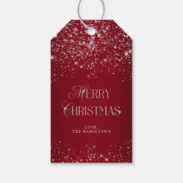 Elegant Red Silver Glitter Merry Kerstmis Cadeaulabel