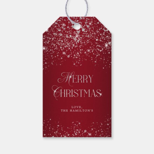 Elegant Red Silver Glitter Merry Kerstmis Cadeaulabel (Voorkant)