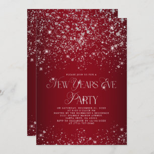 Elegant Red Silver Glitter New Years Eve Party Kaart