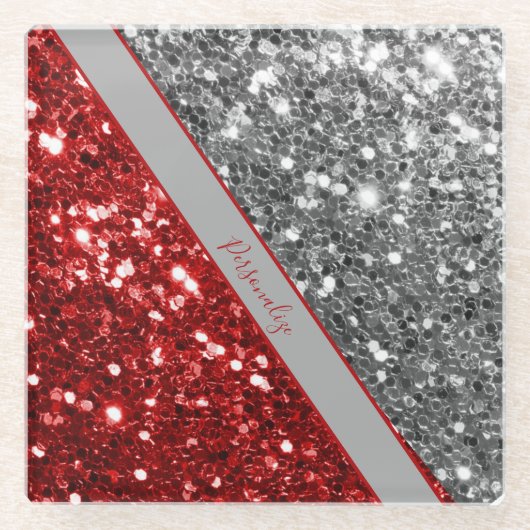 Elegant Red Silver Glitter Sequins Sparkle Glam Glazen Onderzetter (Voorkant)