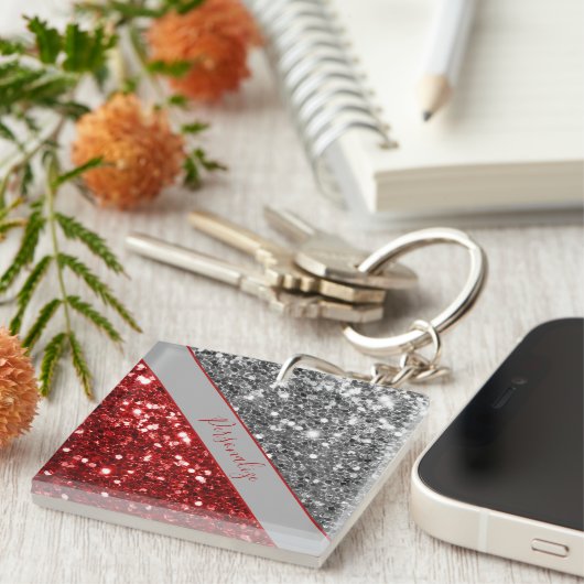Elegant Red Silver Glitter Sequins Sparkle Glam Ke Sleutelhanger (Voorkant Rechts)