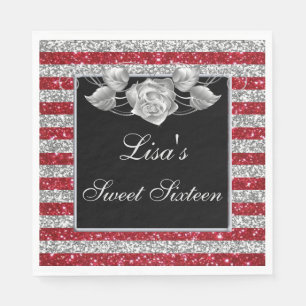 Elegant Red Silver Glitter Silver Roos Sweet 16 Servet