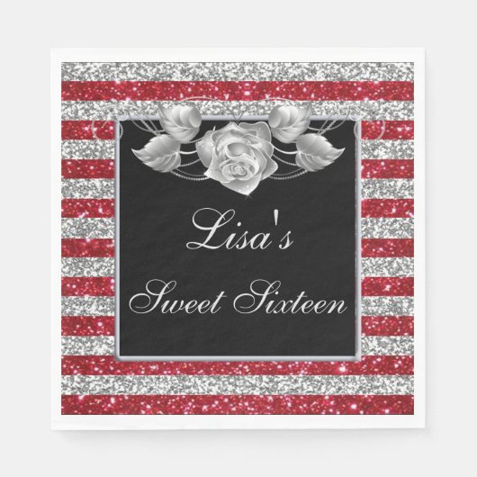 Elegant Red Silver Glitter Silver Roos Sweet 16 Servet (Voorkant)