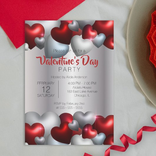 Elegant Red Silver Hearts Valentijnsdag Party Kaart