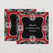 Elegant Red Silver Jewel Black Birthday Party Kaart (Voorkant / Achterkant)