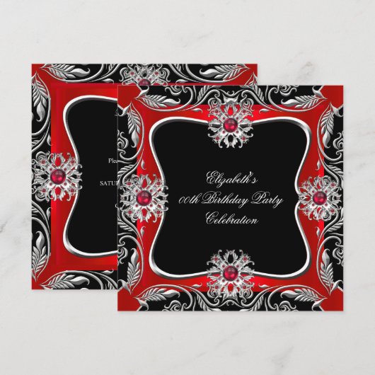 Elegant Red Silver Jewel Black Birthday Party Kaart (Voorkant / Achterkant)