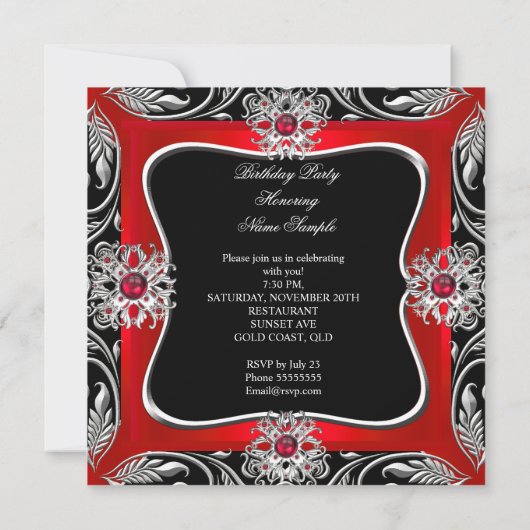 Elegant Red Silver Jewel Black Birthday Party Kaart (Achterkant)