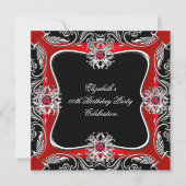 Elegant Red Silver Jewel Black Birthday Party Kaart (Voorkant)