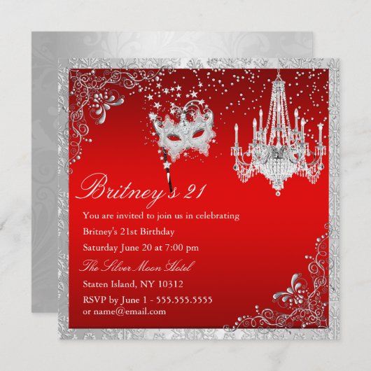Elegant Red & Silver Masquerade 21st Invite Kaart (Voorkant / Achterkant)