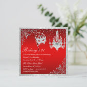 Elegant Red & Silver Masquerade 21st Invite Kaart (Staand voorkant)