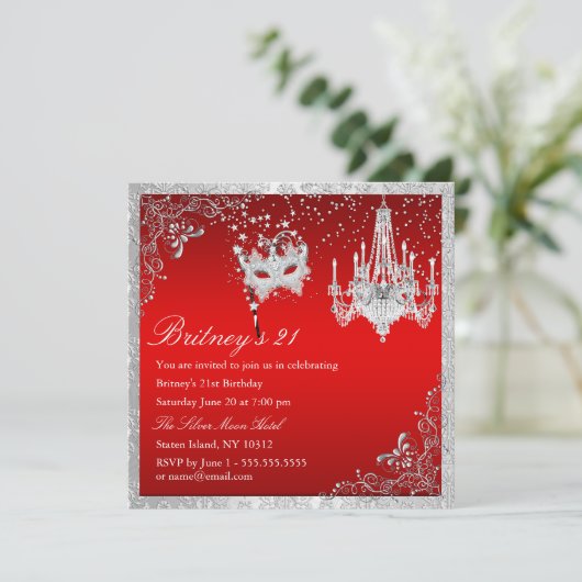 Elegant Red & Silver Masquerade 21st Invite Kaart (Staand voorkant)