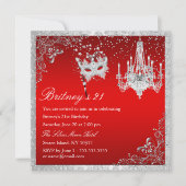Elegant Red & Silver Masquerade 21st Invite Kaart (Voorkant)