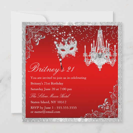 Elegant Red & Silver Masquerade 21st Invite Kaart (Voorkant)