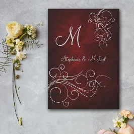 Elegant Red Silver Monogram Weddenschap Kaart
