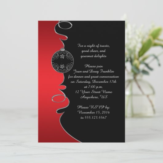 Elegant Red Silver Swirls Black Kerstparty Kaart (Staand voorkant)