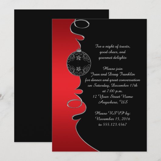 Elegant Red Silver Swirls Black Kerstparty Kaart (Voorkant / Achterkant)