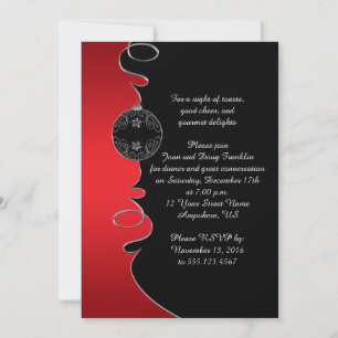 Elegant Red Silver Swirls Black Kerstparty Kaart