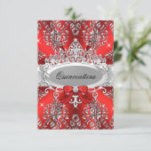 Elegant Red Silver Tiara Damask Quinceanera Invite Kaart (Staand voorkant)