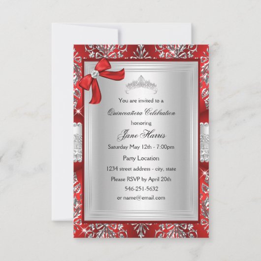 Elegant Red Silver Tiara Damask Quinceanera Invite Kaart (Achterkant)