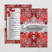 Elegant Red Silver Tiara Damask Quinceanera Invite Kaart (Voorkant / Achterkant)