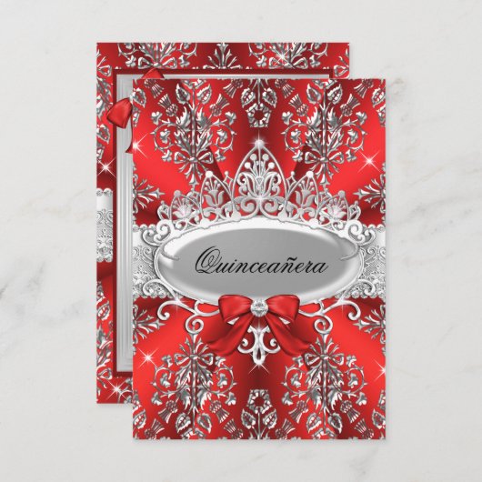 Elegant Red Silver Tiara Damask Quinceanera Invite Kaart (Voorkant / Achterkant)
