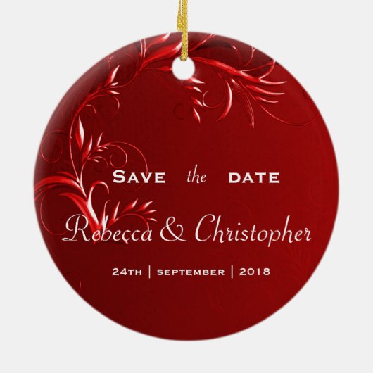 Elegant Red slaat de datum op Keramisch Ornament (Achterkant)