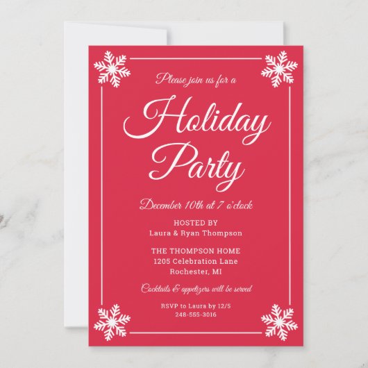 Elegant Red Snowflake Script Holiday Party Kaart (Voorkant)