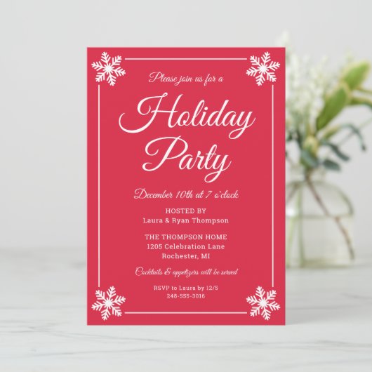 Elegant Red Snowflake Script Holiday Party Kaart (Staand voorkant)