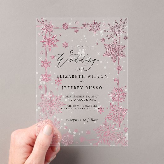 Elegant Red snowflakes Winter Wedding Acryl Uitnodigingen (Insitu (Draagbaar))