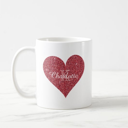Elegant Red Sparkle Glitter Heart Monogram Koffiemok (Links)