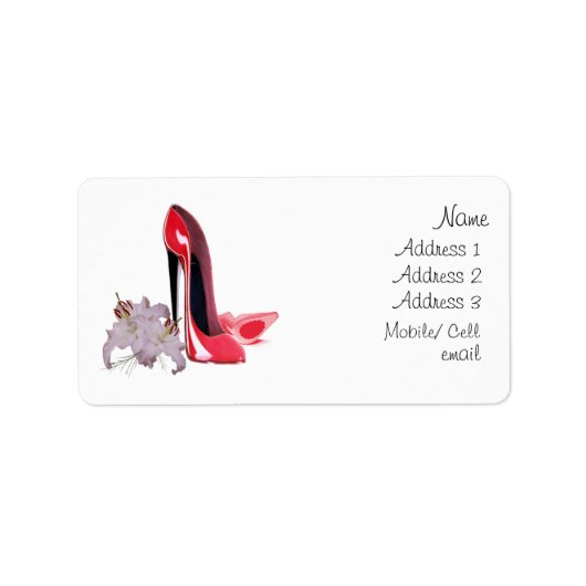 Elegant Red Stiletto Schoenen en Lilies Label (Voorkant)