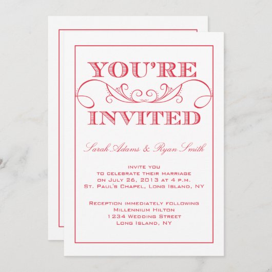 Elegant Red Swirl Wedding Invitation Kaart (Voorkant / Achterkant)