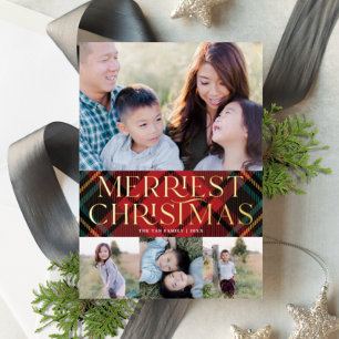 Elegant Red Tartan kerstfoto Real Folie Card Feestdagenkaart