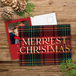 Elegant Red Tartan kerstfoto Real Folie Card Folie Feestdagen Briefkaart