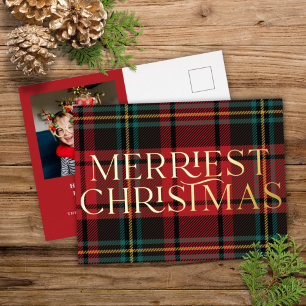 Elegant Red Tartan kerstfoto Real Folie Card Folie Feestdagen Briefkaart