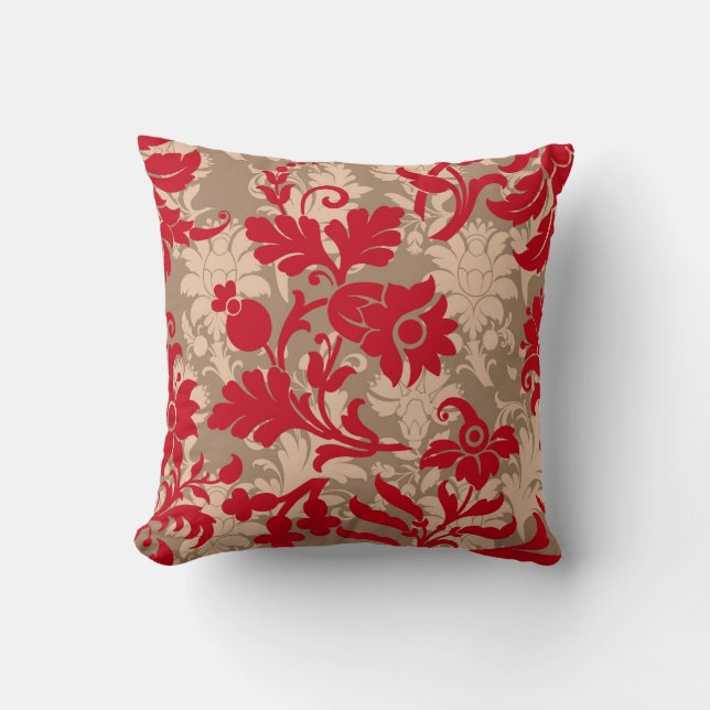 Elegant Red, Taupe & Beige Floral Kussen (Voorkant)