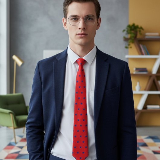 Elegant Red Tie with Embroidered-Effect Blue Stars Stropdas