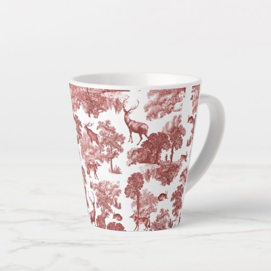 Elegant  Red Toile Deer Fox Hare Patroon Latte Mok (Rechterhoek)
