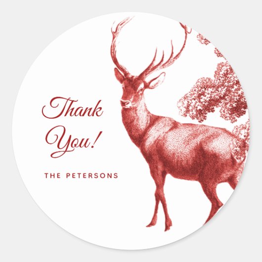 Elegant Red Toile Deer in Forest Ronde Sticker (Voorkant)