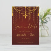 Elegant Red Traditional Gold Twirls Luxury Weddens Save The Date (Staand voorkant)