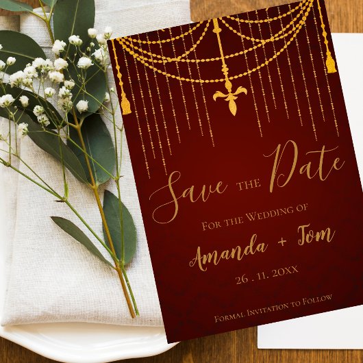 Elegant Red Traditional Gold Twirls Luxury Weddens Save The Date