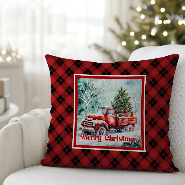 Elegant red truck winter scene rustic festive  kussen (Classic Christmas  THROW PILLOW,
modern Traditional red truck car,
watercolor cozy Christmas scene,
)