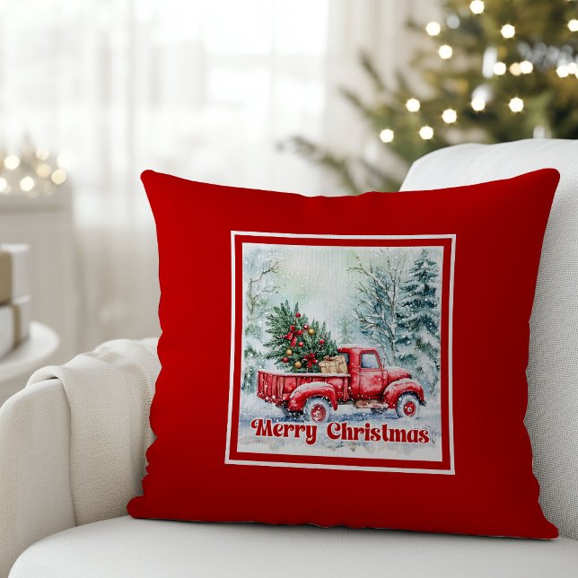Elegant red truck winter scene rustic festive   kussen (Elegant red truck winter scene rustic festive pillow joy

)