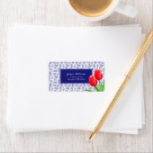 Elegant Red Tulips Spring Floral Blue Etiket (Insitu)