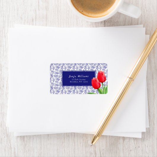 Elegant Red Tulips Spring Floral Blue Etiket (Insitu)