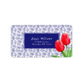 Elegant Red Tulips Spring Floral Blue Etiket (Voorkant)