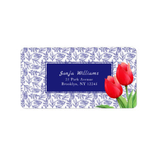 Elegant Red Tulips Spring Floral Blue Etiket