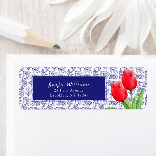 Elegant Red Tulips Spring Floral Blue Etiket (Insitu)