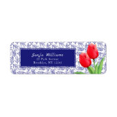 Elegant Red Tulips Spring Floral Blue Etiket (Voorkant)